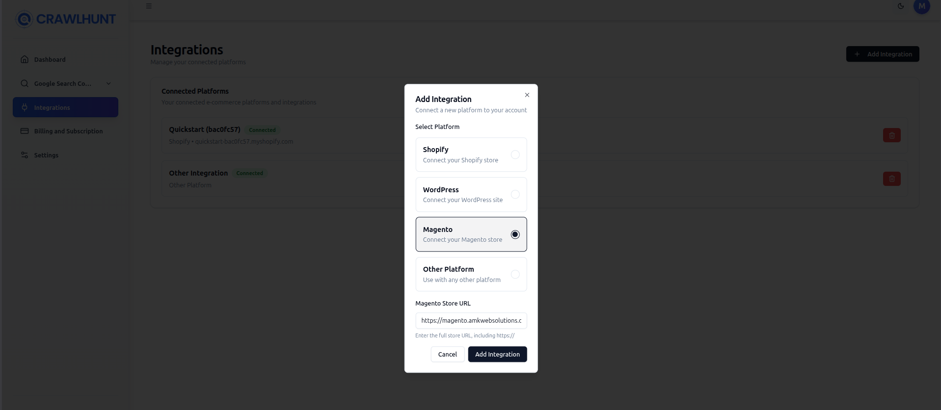 CrawlHunt Add Integration modal with Magento selected