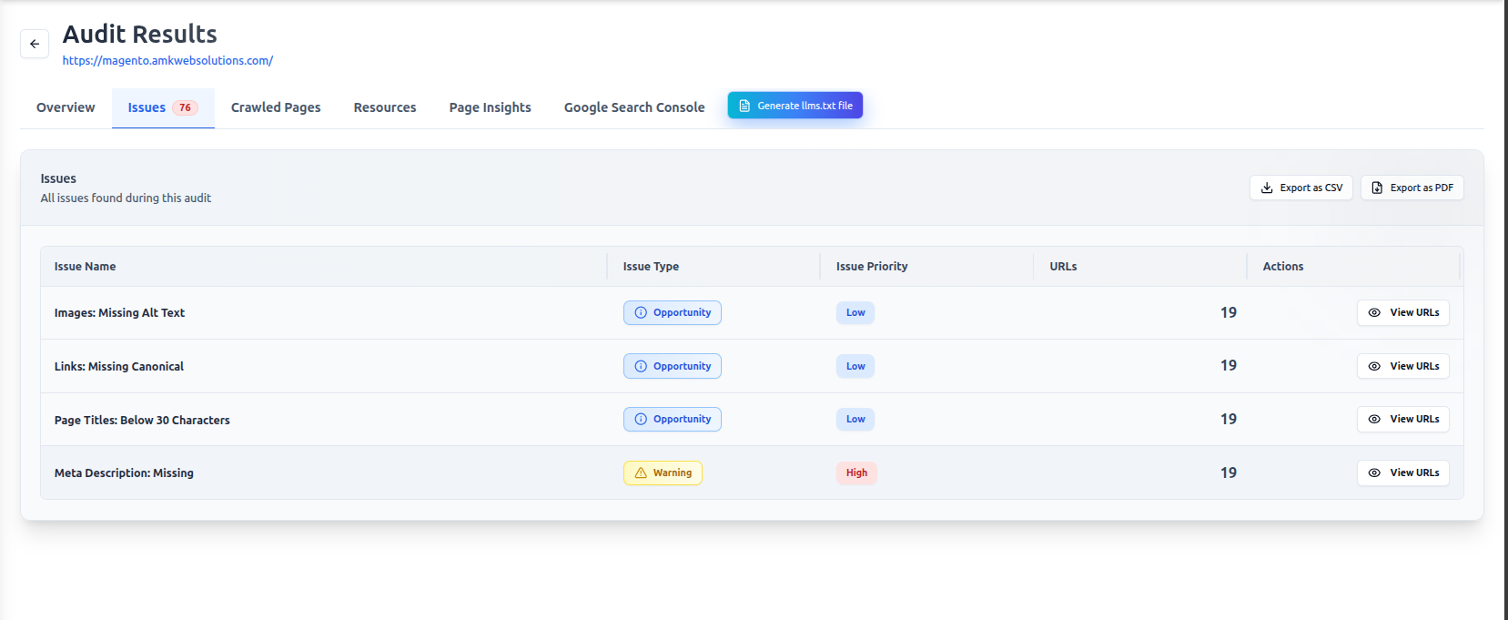 CrawlHunt audit Issues tab showing SEO issues for Magento store