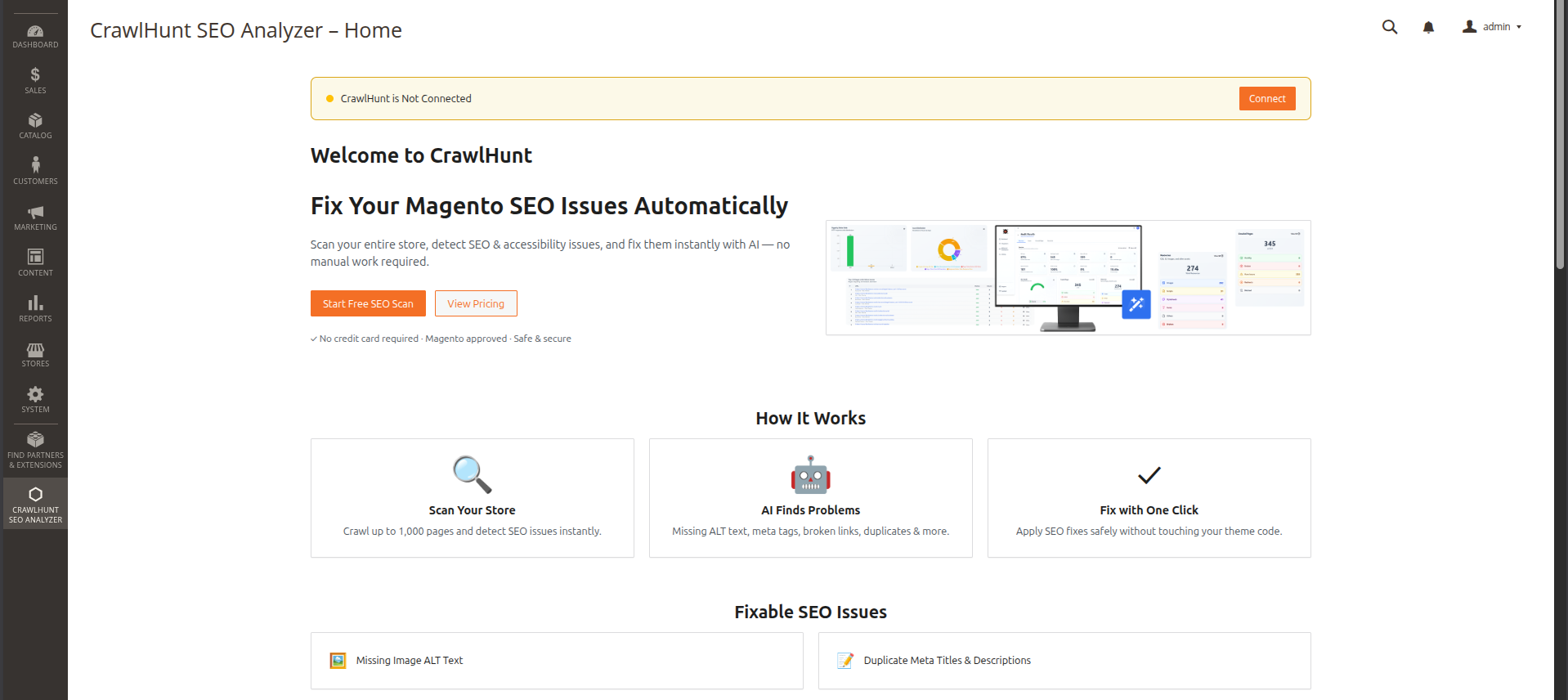 CrawlHunt Magento admin panel showing Connect button