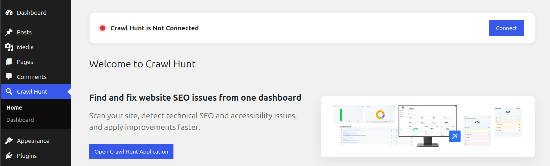 CrawlHunt WordPress plugin home showing Not Connected status