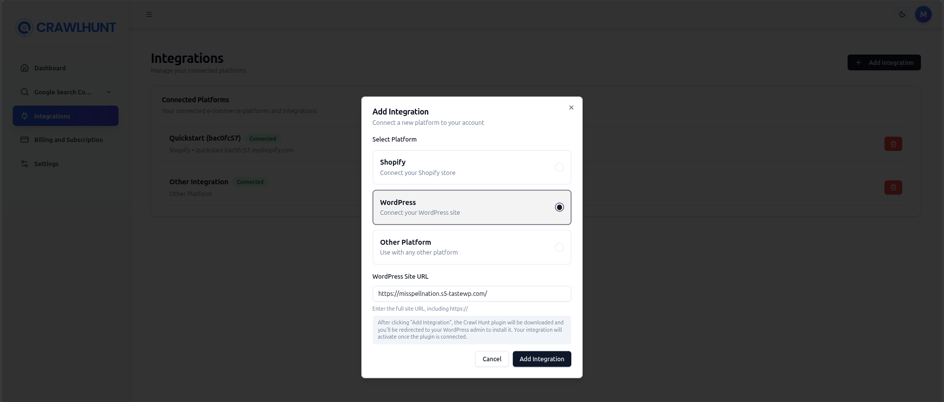 CrawlHunt Add Integration modal with WordPress selected
