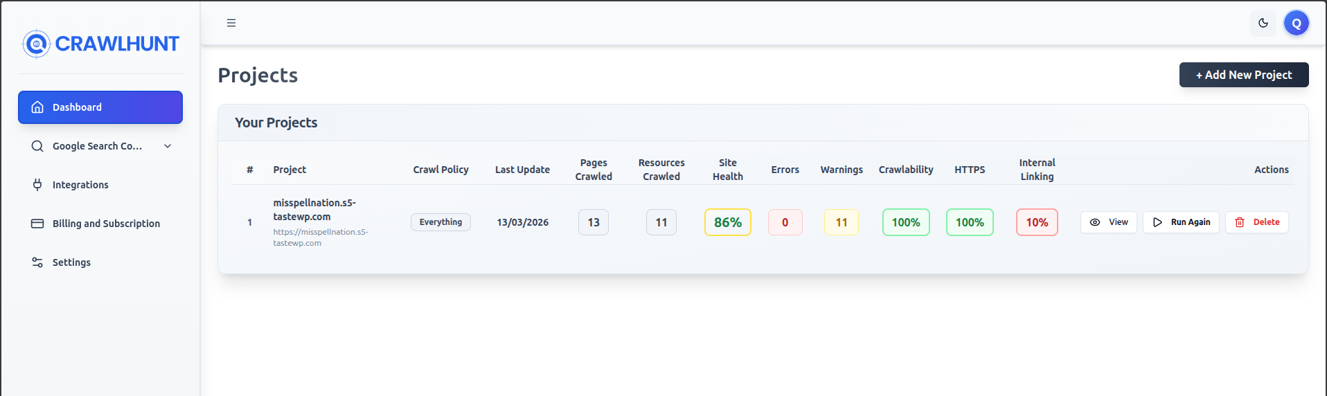 CrawlHunt Projects dashboard showing crawl metrics