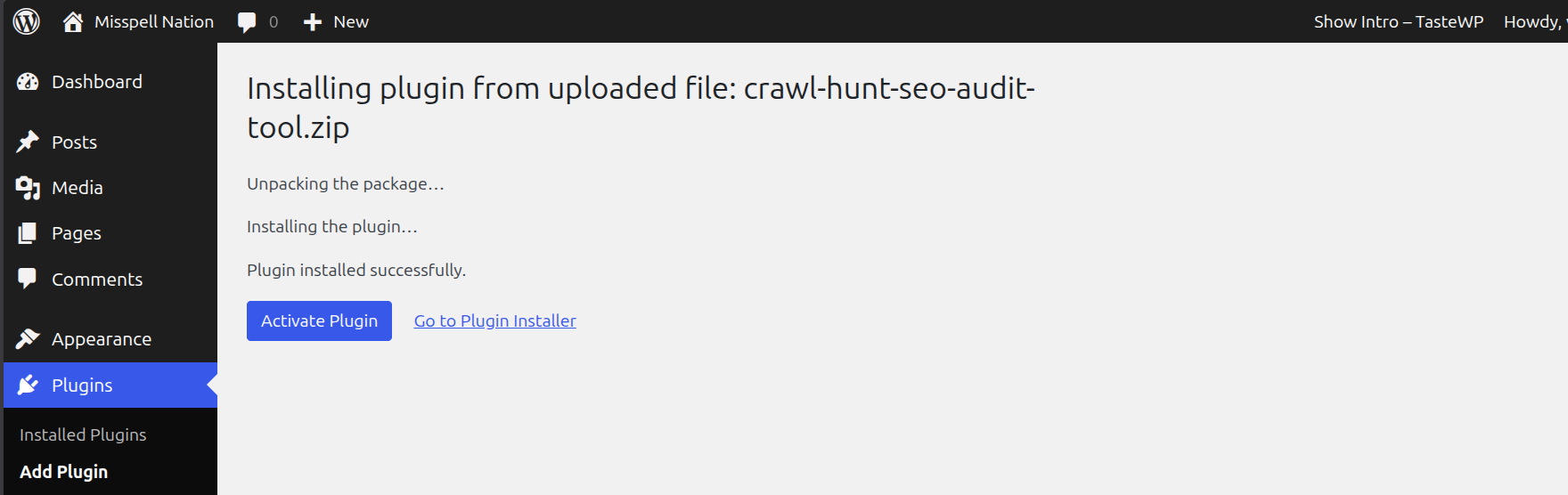 WordPress plugin installed successfully with Activate Plugin button