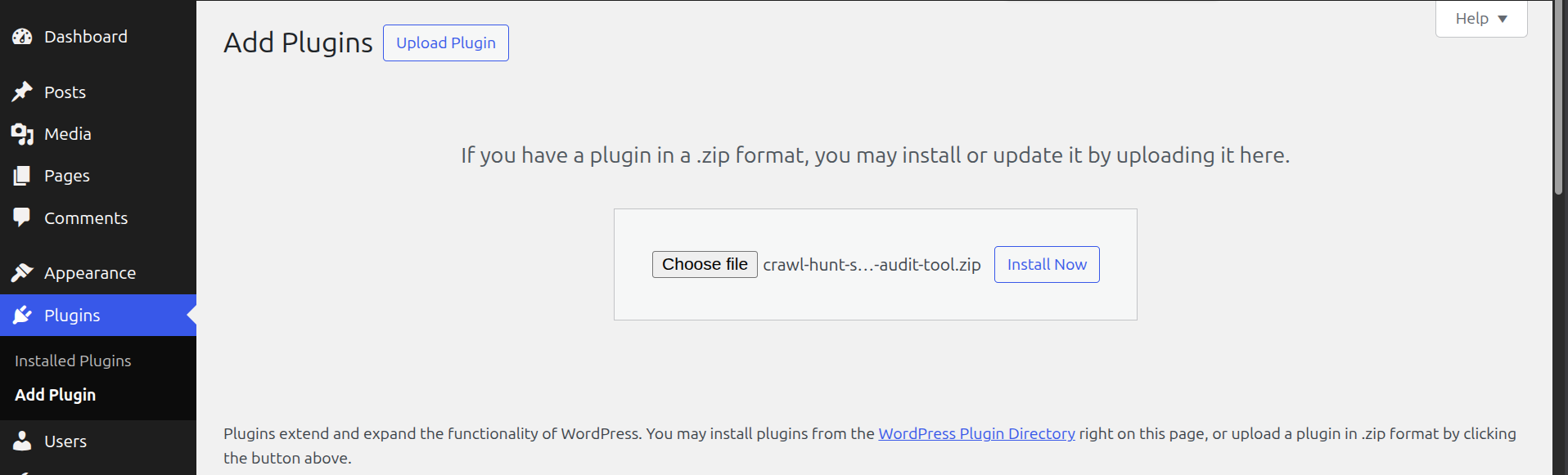 WordPress Add Plugins screen with ZIP file ready to install