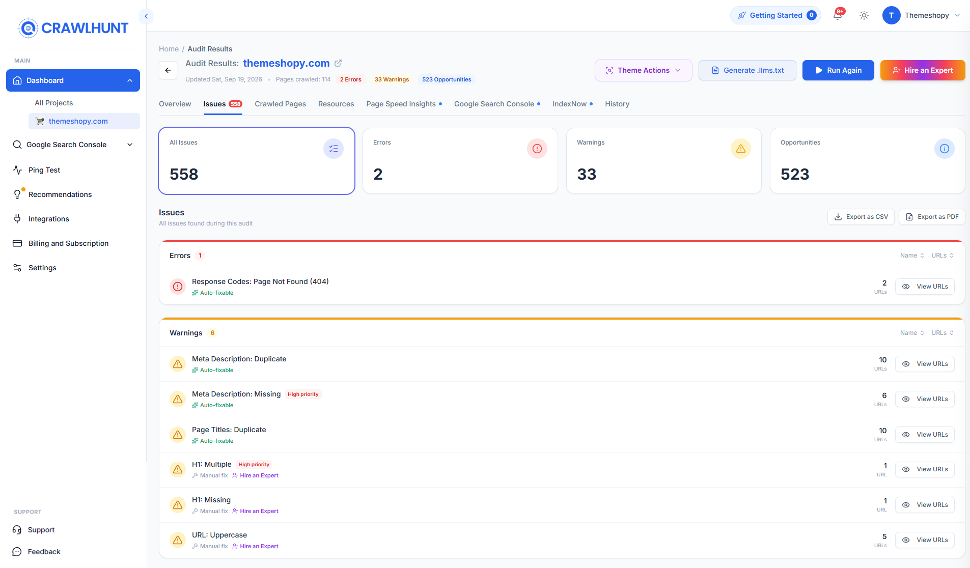 CrawlHunt audit results dashboard