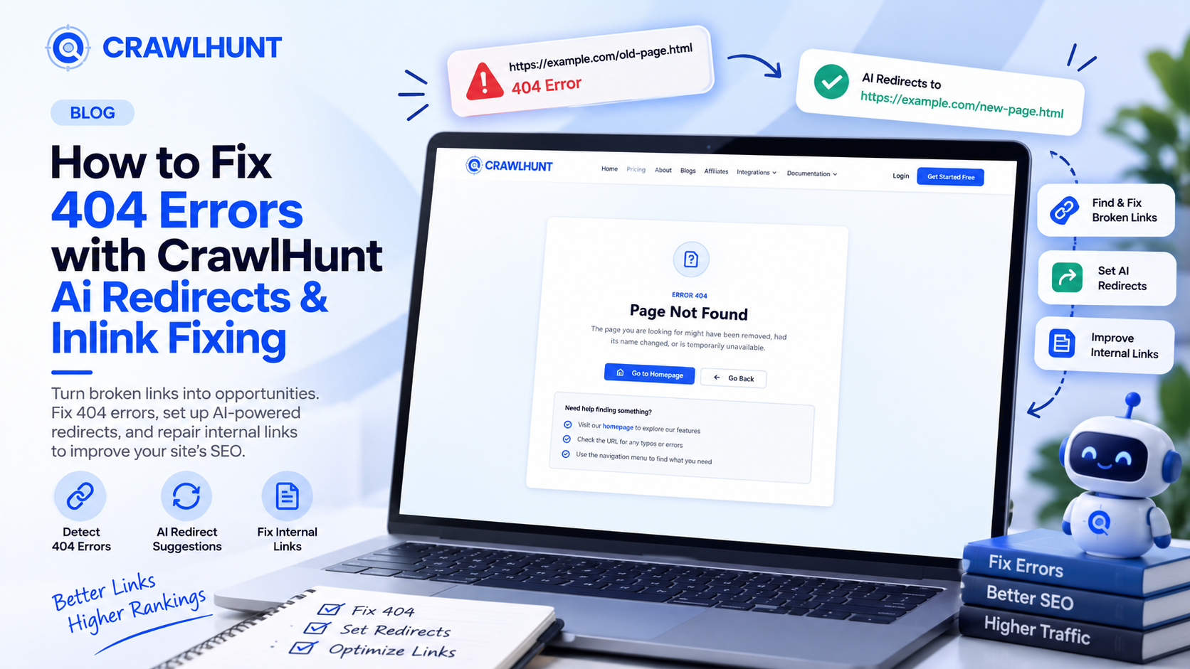 How to Fix 404 Errors with CrawlHunt Ai Redirects & Inlink Fixing